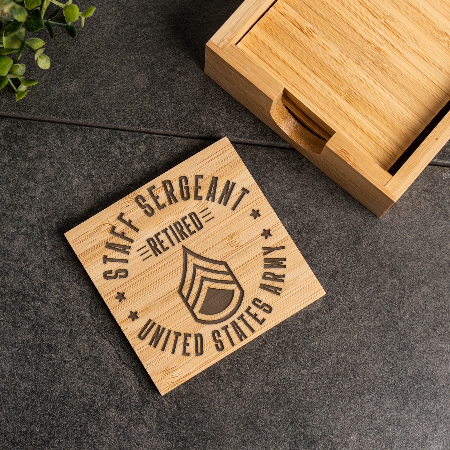 Bamboo Coaster Set With Holder - Retired Staff Sergeant Design