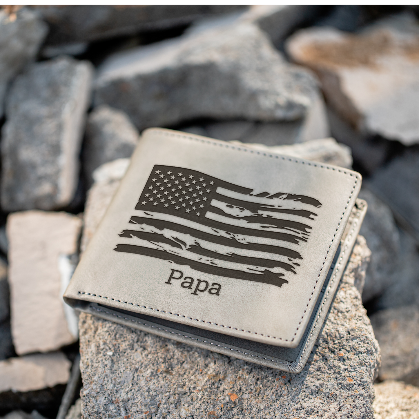 Custom Leather Bifold Wallet with American Flag Design, Perfect Gift for Dad, Durable and Stylish