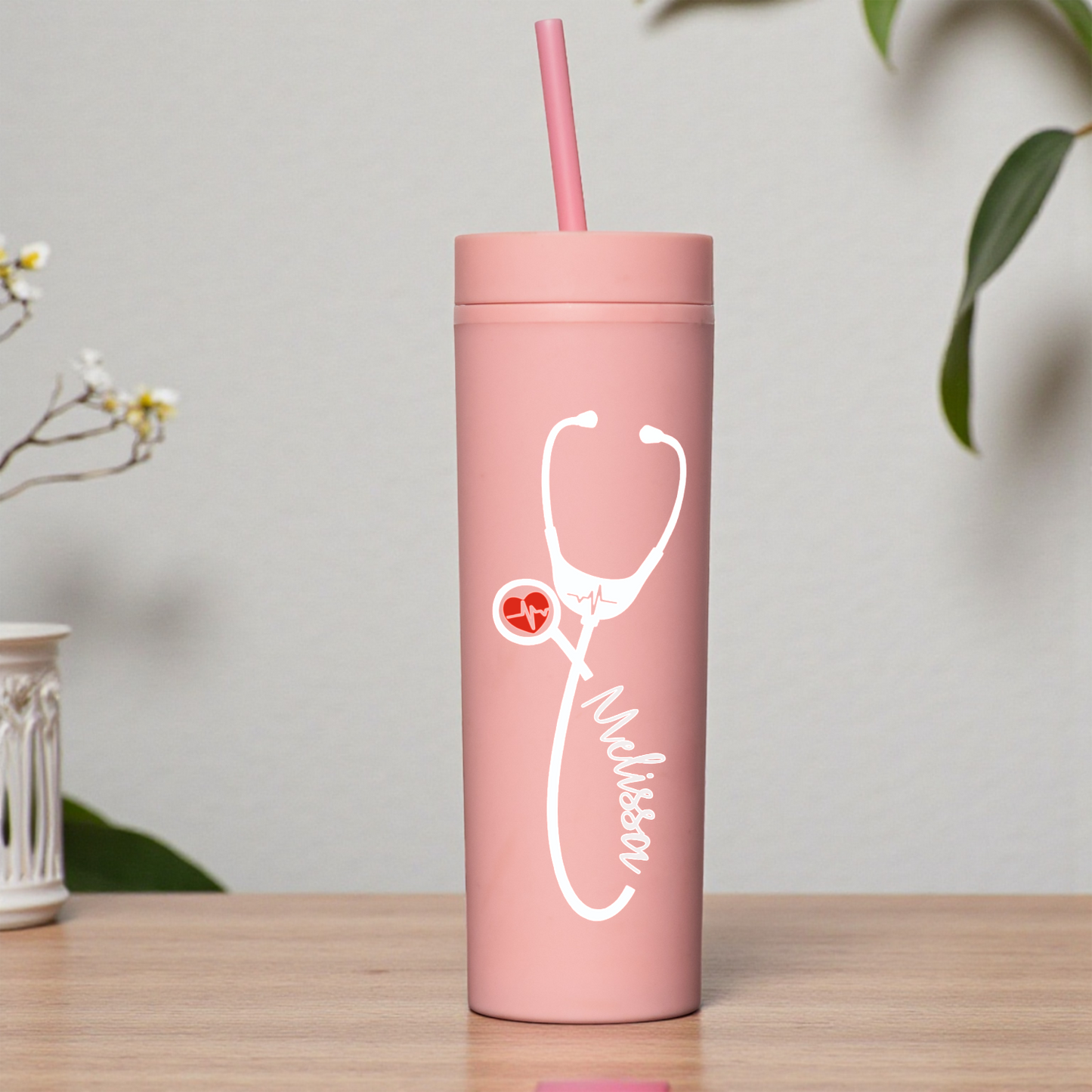Personalized 16oz Acrylic Tumbler - Heartbeat Stethoscope Design