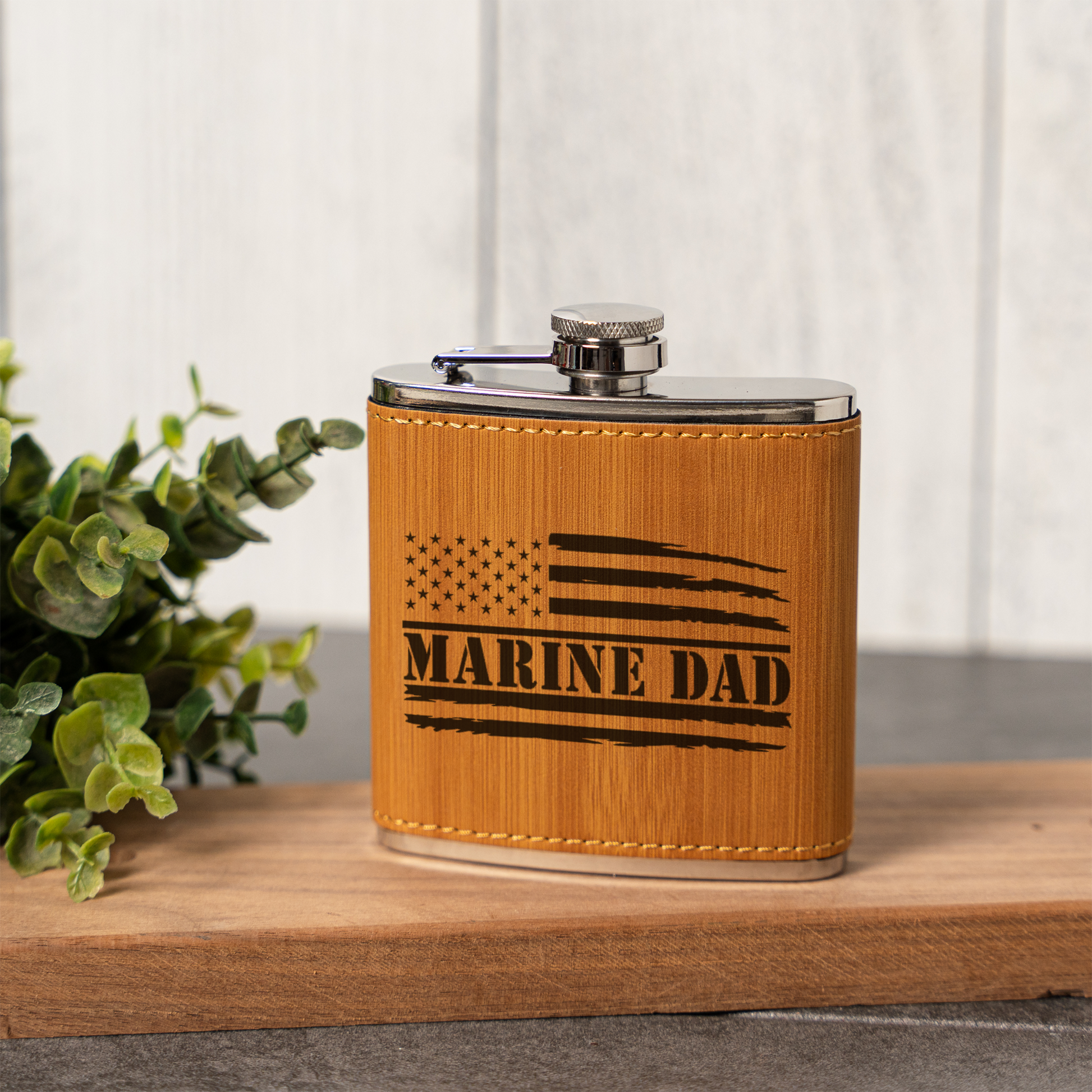 Leather Wrapped Flask 6oz, Marine Dad Gift, American Flag Design, Perfect for Father's Day