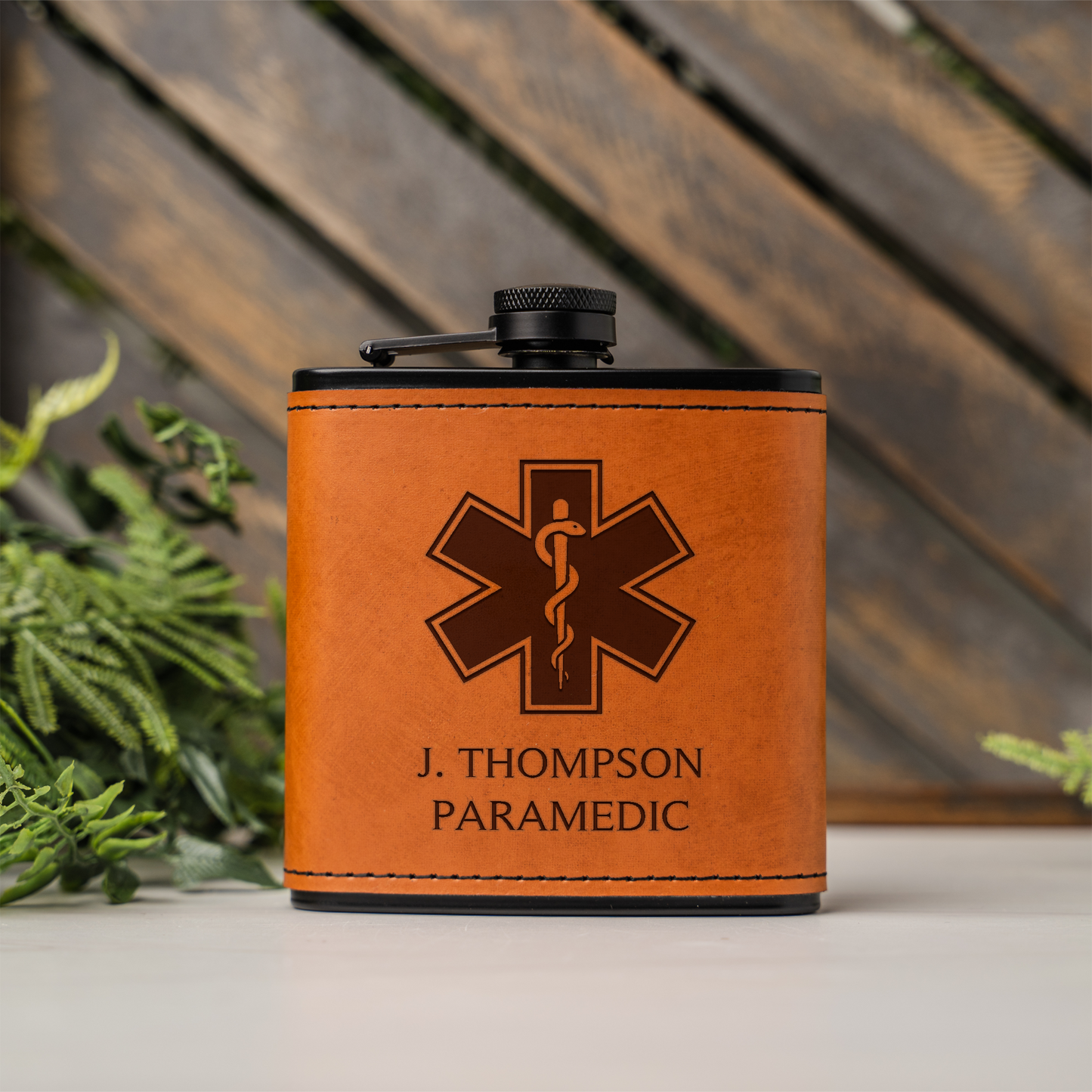 Black Leather Wrapped Flask with Paramedic Design