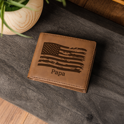 Custom Leather Bifold Wallet with American Flag Design, Perfect Gift for Dad, Durable and Stylish