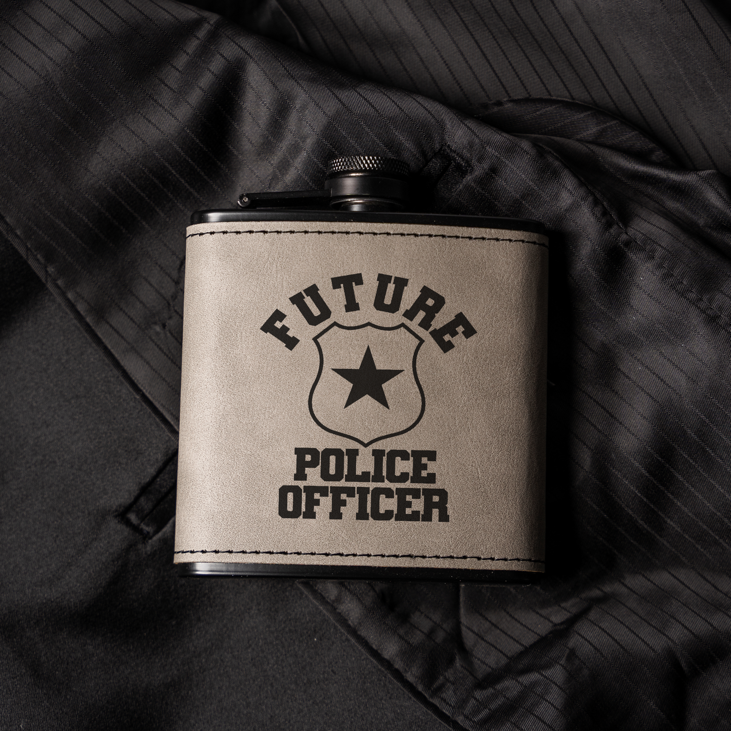Future Police Officer Black Leather Wrapped Flask