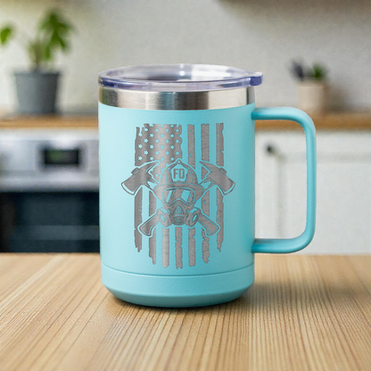 Firefighter 15oz Stainless Steel Mug, Fire Department Gift, Patriotic Design