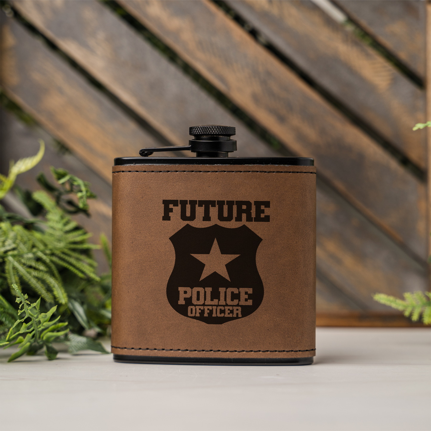 Future Police Officer Black Leather Wrapped Flask