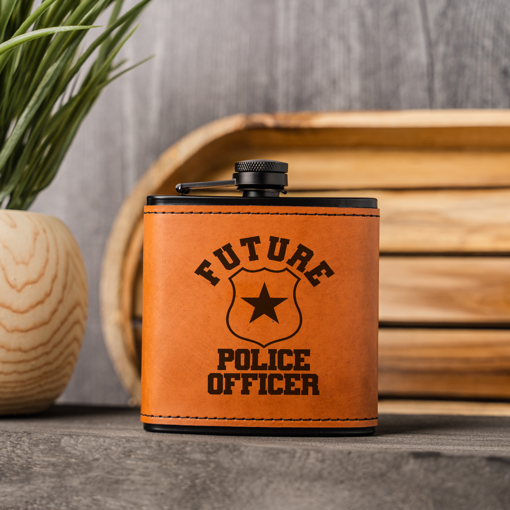 Future Police Officer Black Leather Wrapped Flask