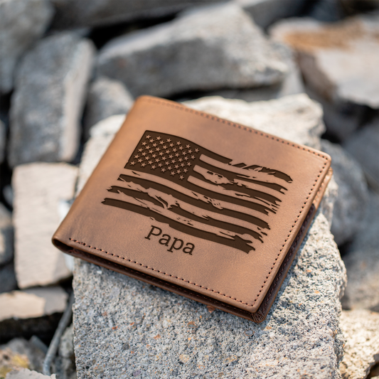 Custom Leather Bifold Wallet with American Flag Design, Perfect Gift for Dad, Durable and Stylish