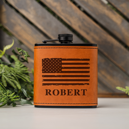 Personalized Black Leather Wrapped Flask with American Flag Design