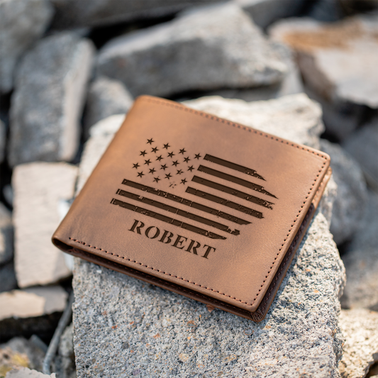 Personalized Leather Bifold Wallet, American Flag Design, Custom Gift for Men