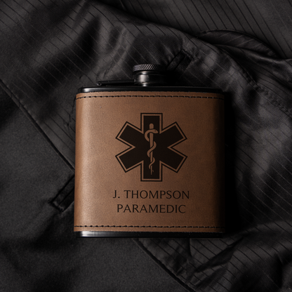 Black Leather Wrapped Flask with Paramedic Design