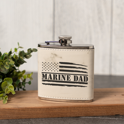 Leather Wrapped Flask 6oz, Marine Dad Gift, American Flag Design, Perfect for Father's Day
