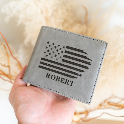 Personalized Leather Bifold Wallet, American Flag Design, Custom Gift for Men