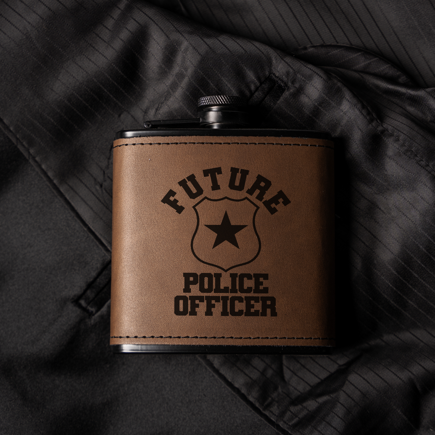 Future Police Officer Black Leather Wrapped Flask