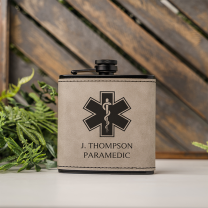 Black Leather Wrapped Flask with Paramedic Design