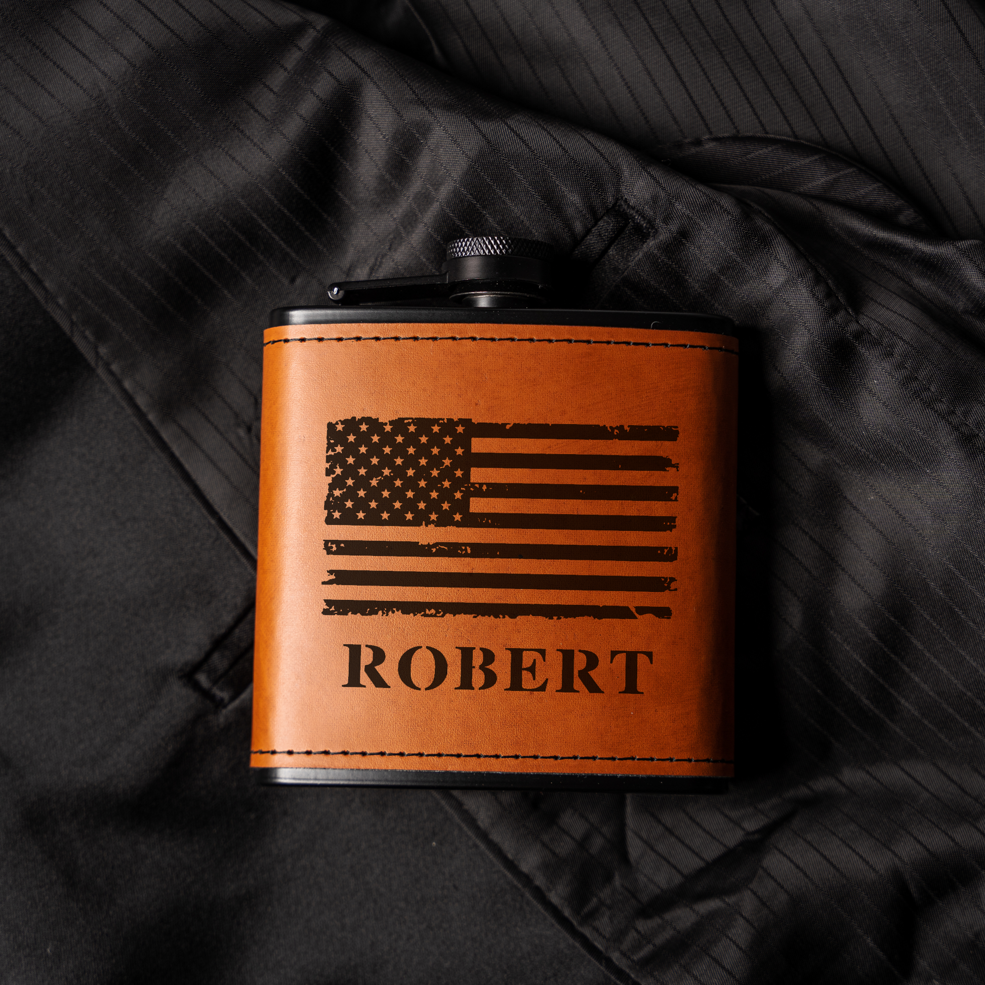 Personalized Black Leather Wrapped Flask with American Flag Design