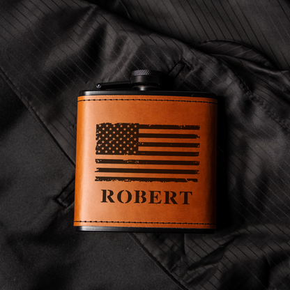 Personalized Black Leather Wrapped Flask with American Flag Design