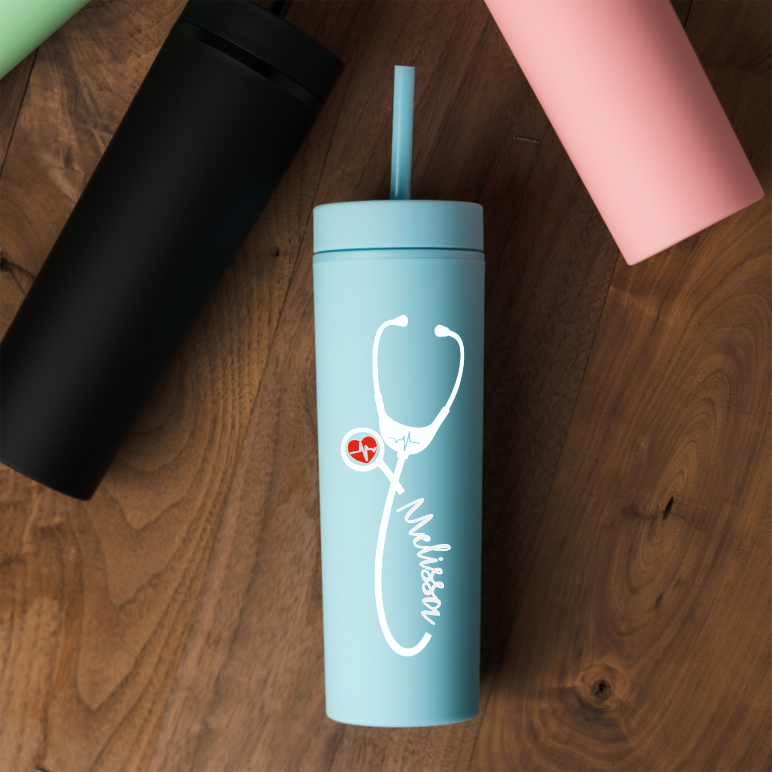 Personalized 16oz Acrylic Tumbler - Heartbeat Stethoscope Design