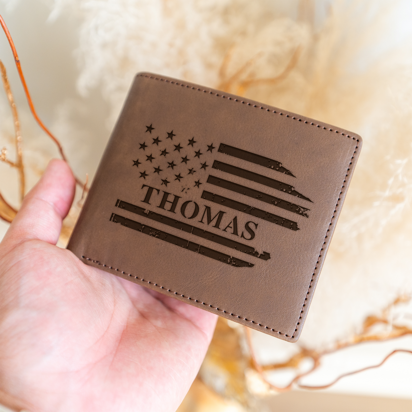 Personalized Leather Bifold Wallet, American Flag Design, Custom Gift for Him, Slim and Stylish