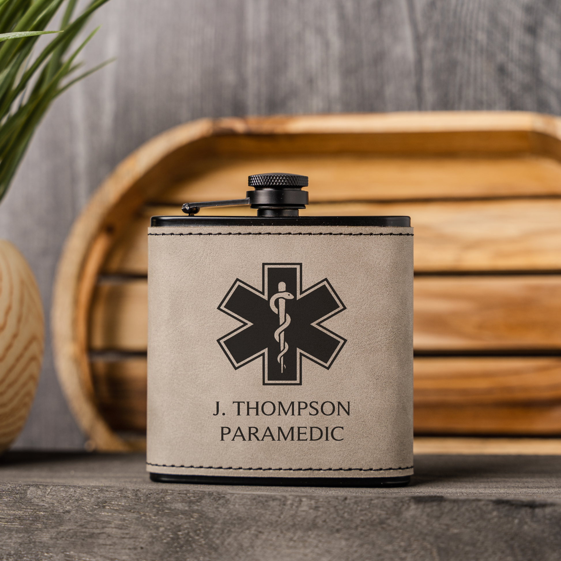 Black Leather Wrapped Flask with Paramedic Design