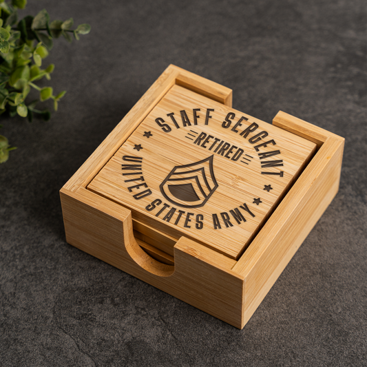 Bamboo Coaster Set With Holder - Retired Staff Sergeant Design
