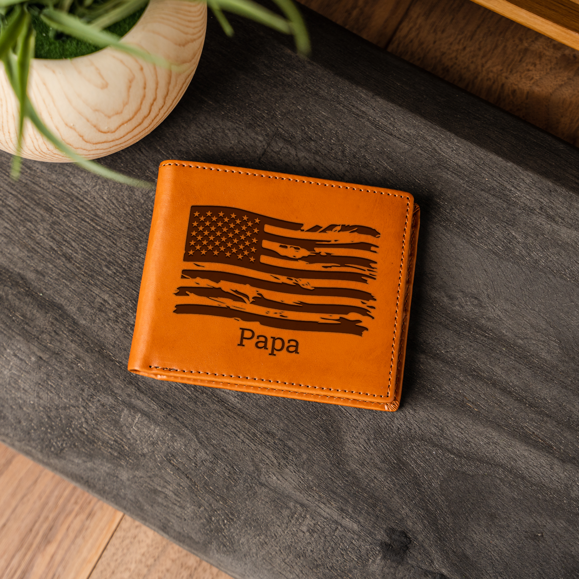 Custom Leather Bifold Wallet with American Flag Design, Perfect Gift for Dad, Durable and Stylish