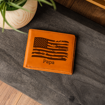 Custom Leather Bifold Wallet with American Flag Design, Perfect Gift for Dad, Durable and Stylish