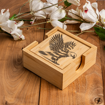 Eagle American Flag Bamboo Coaster Set With Holder 