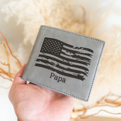Custom Leather Bifold Wallet with American Flag Design, Perfect Gift for Dad, Durable and Stylish