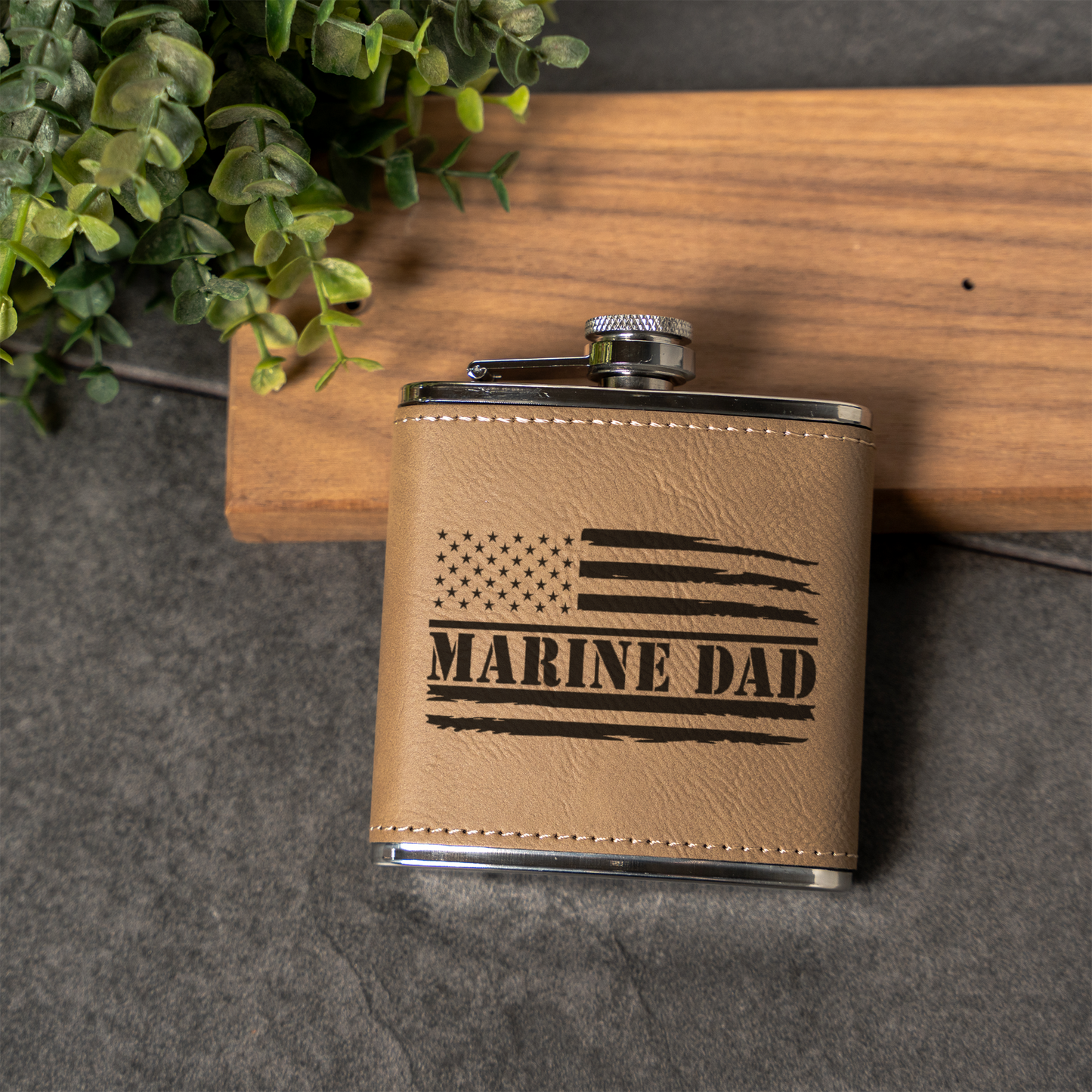 Leather Wrapped Flask 6oz, Marine Dad Gift, American Flag Design, Perfect for Father's Day