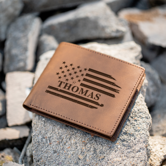 Personalized Leather Bifold Wallet, American Flag Design, Custom Gift for Him, Slim and Stylish