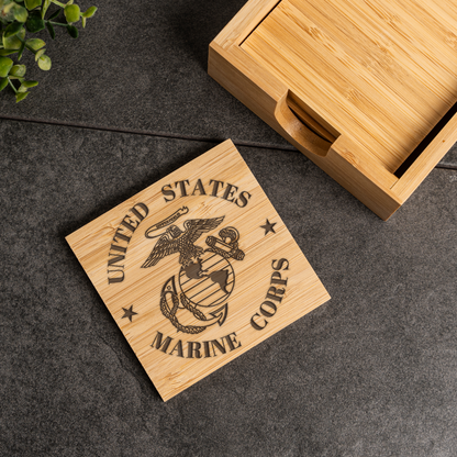Bamboo Coaster Set With Holder - US Marine Corps Design