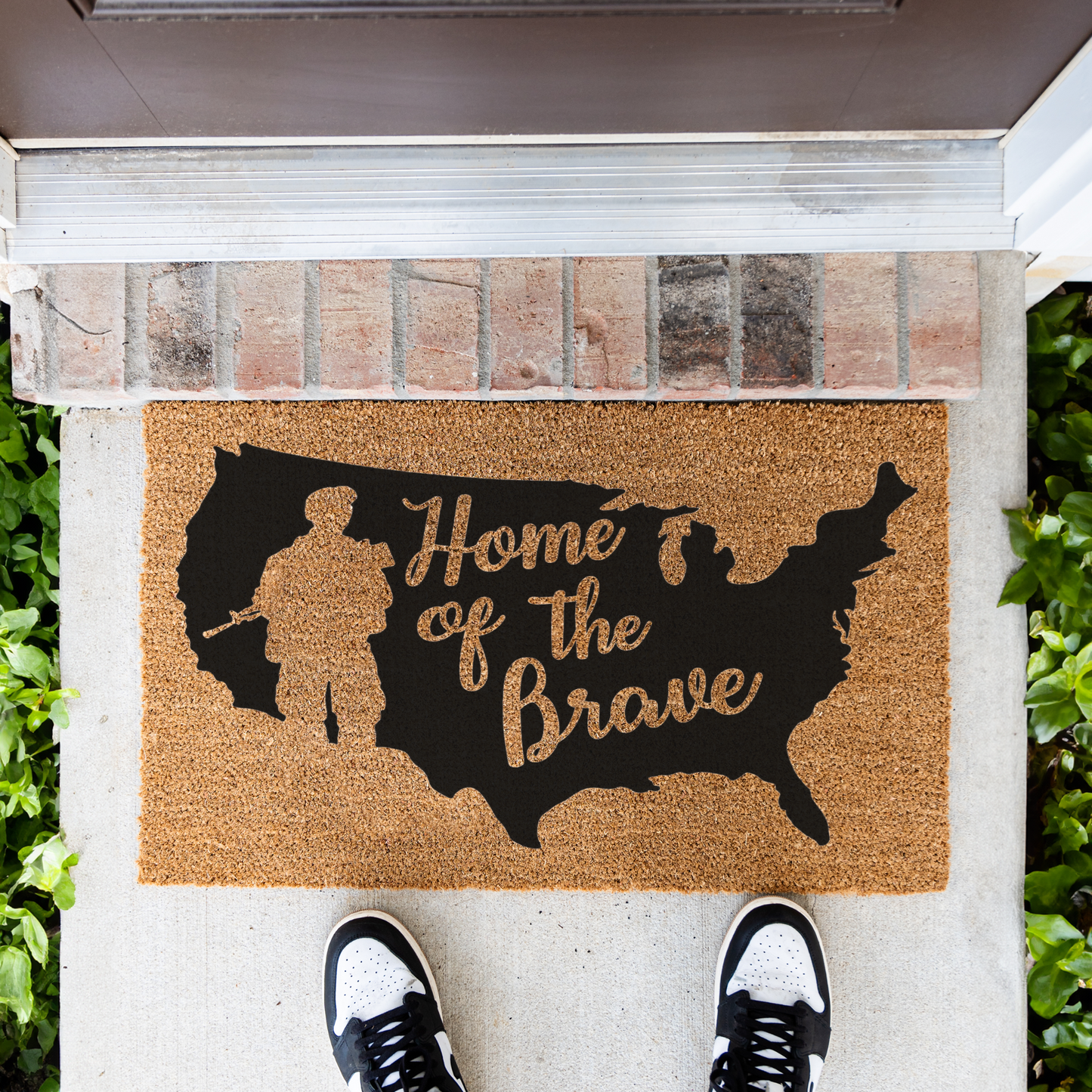 Home of the Brave Doormat, Patriotic Welcome Mat, Military Family Gift, USA Map Design