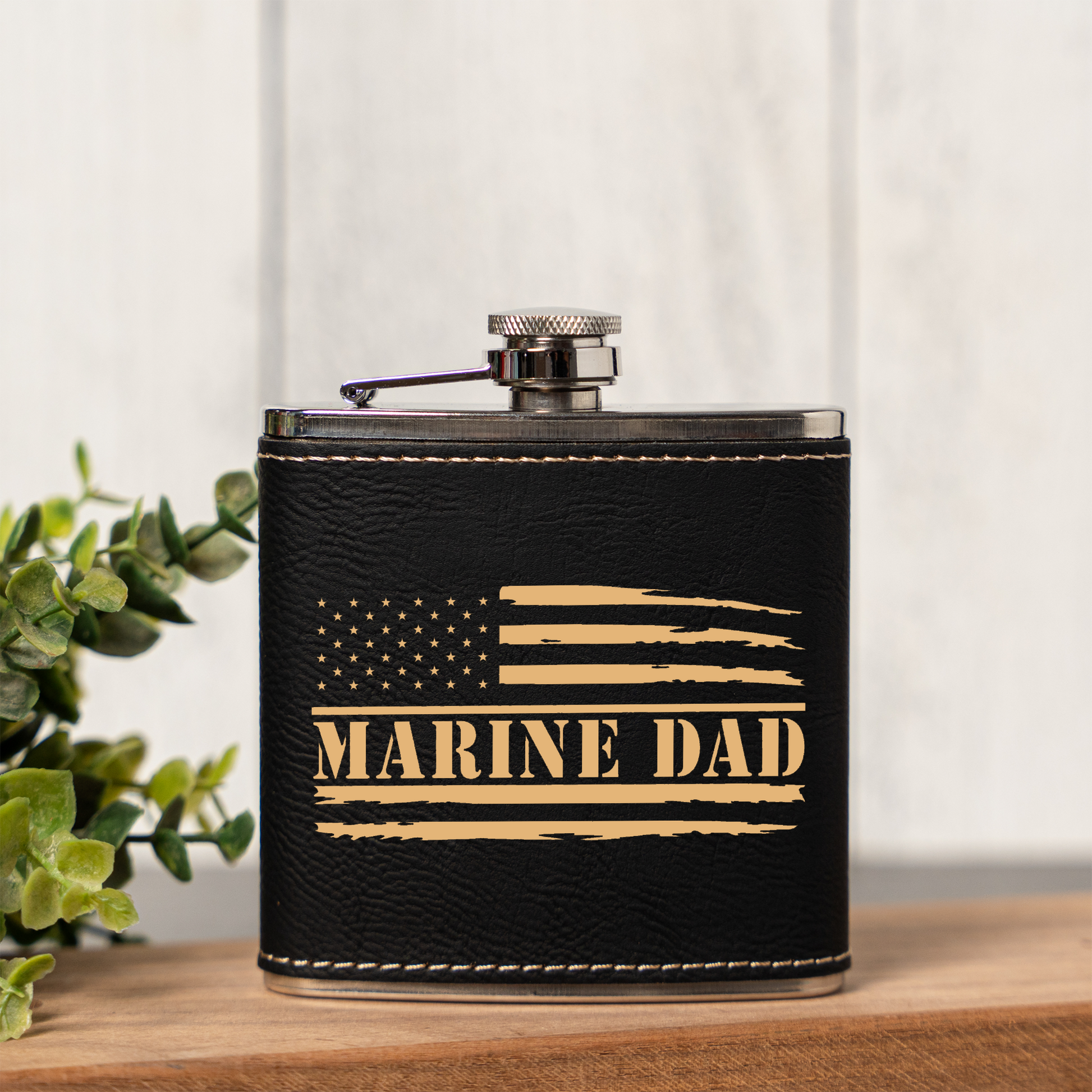 Leather Wrapped Flask 6oz, Marine Dad Gift, American Flag Design, Perfect for Father's Day
