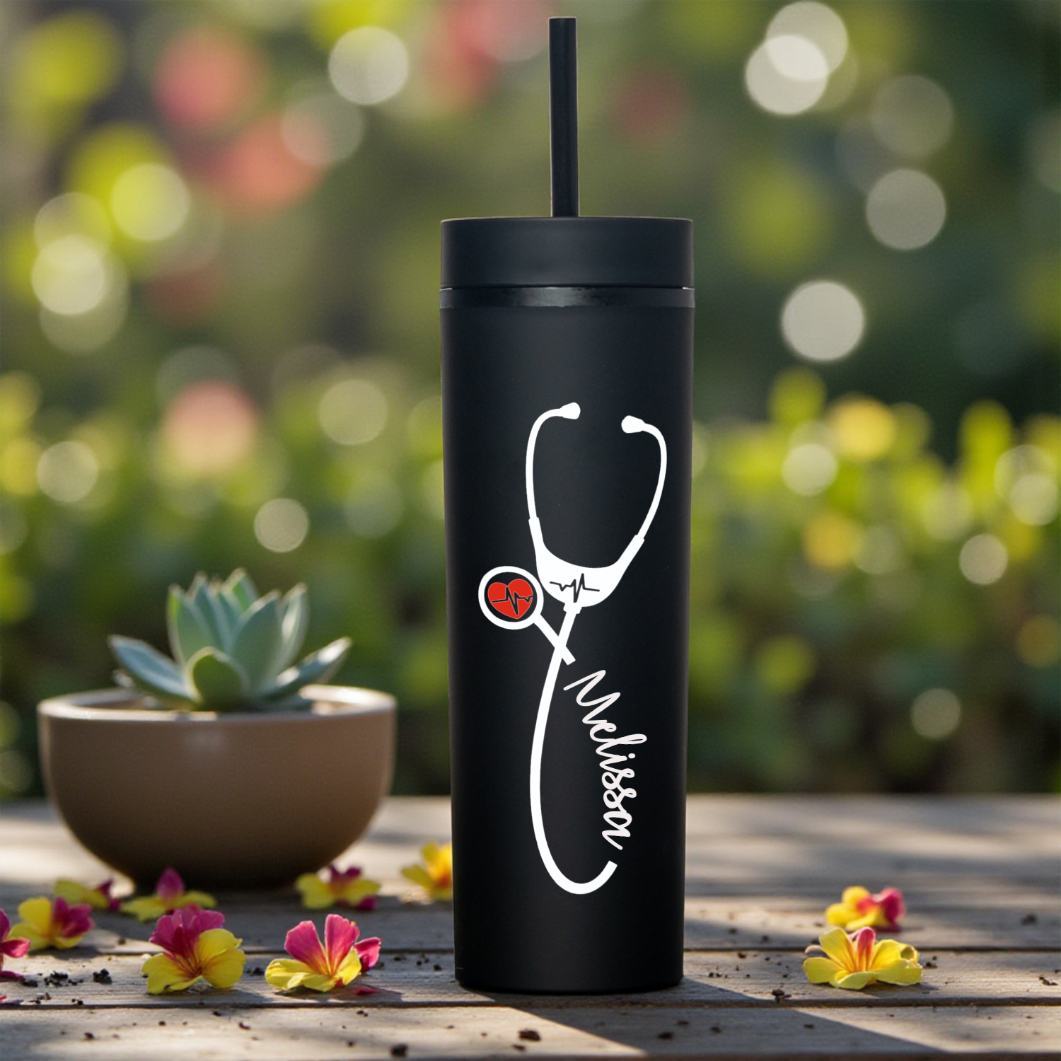Personalized 16oz Acrylic Tumbler - Heartbeat Stethoscope Design