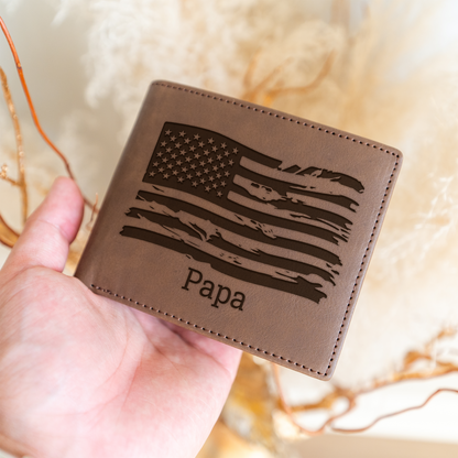 Custom Leather Bifold Wallet with American Flag Design, Perfect Gift for Dad, Durable and Stylish