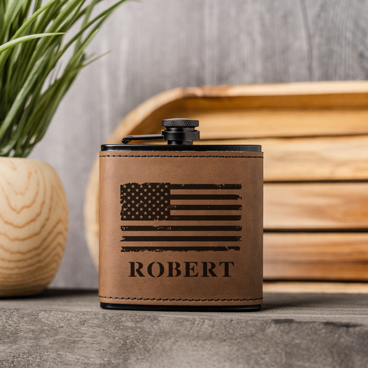 Personalized Black Leather Wrapped Flask with American Flag Design