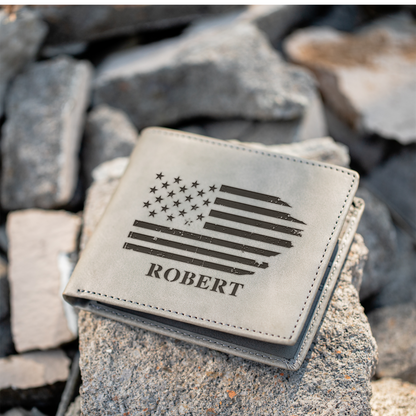 Personalized Leather Bifold Wallet, American Flag Design, Custom Gift for Men