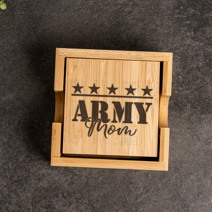 Bamboo Coaster Set With Holder, Elegant Home Decor, Perfect Gift for Army Mom