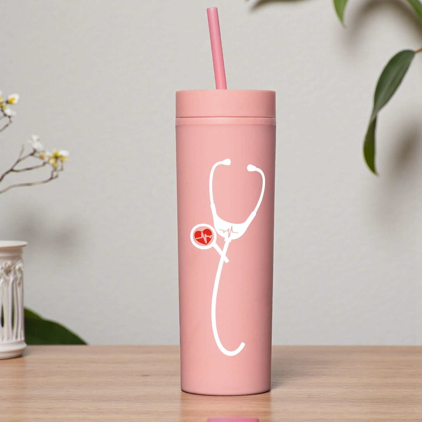 Personalized 16oz Acrylic Tumbler - Heartbeat Stethoscope Design