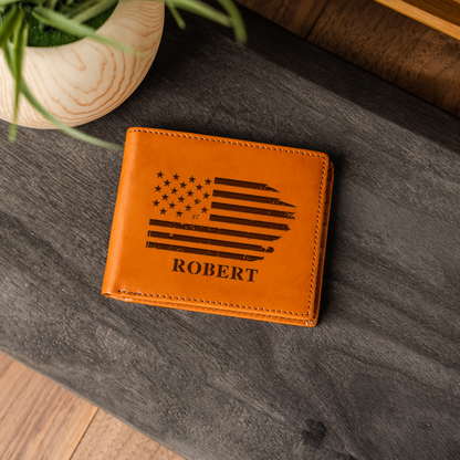 Personalized Leather Bifold Wallet, American Flag Design, Custom Gift for Men