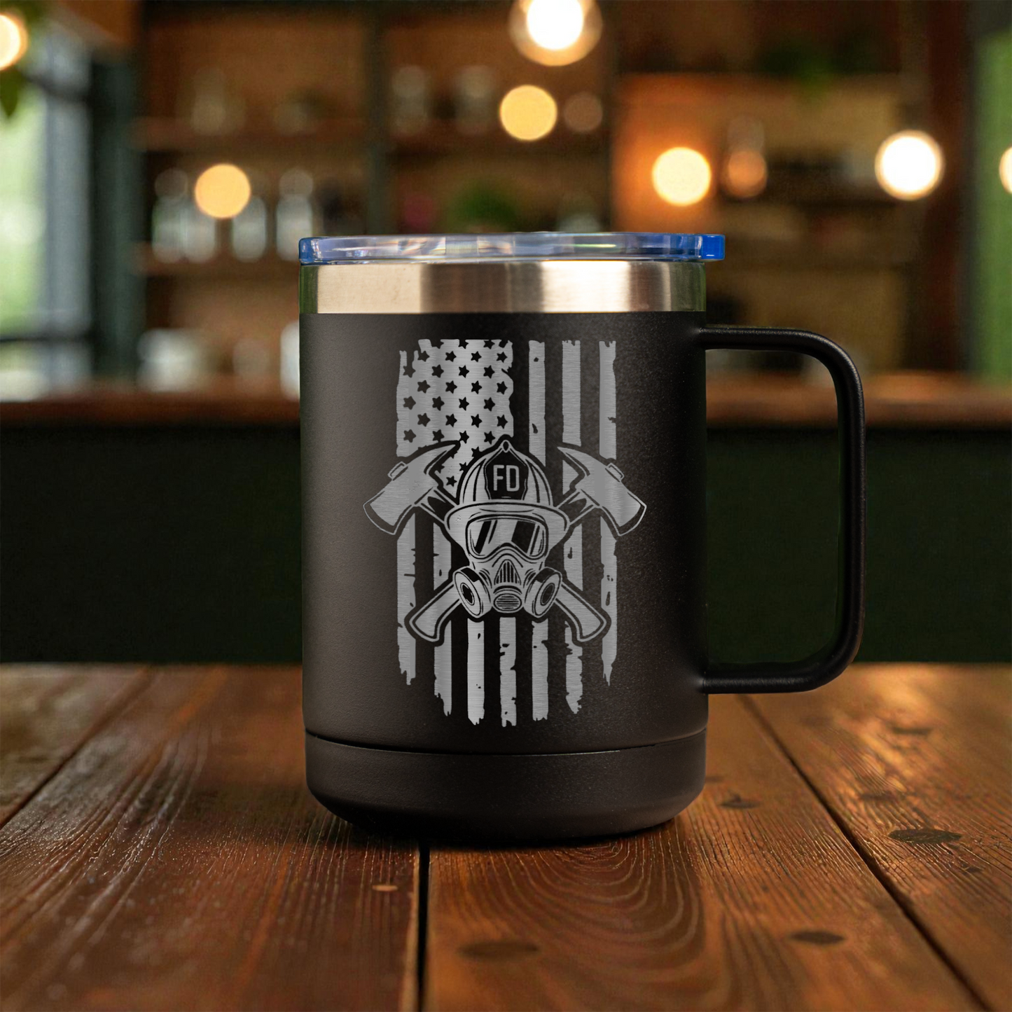 Firefighter 15oz Stainless Steel Mug, Fire Department Gift, Patriotic Design