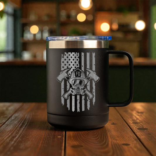 Firefighter 15oz Stainless Steel Mug, Fire Department Gift, Patriotic Design