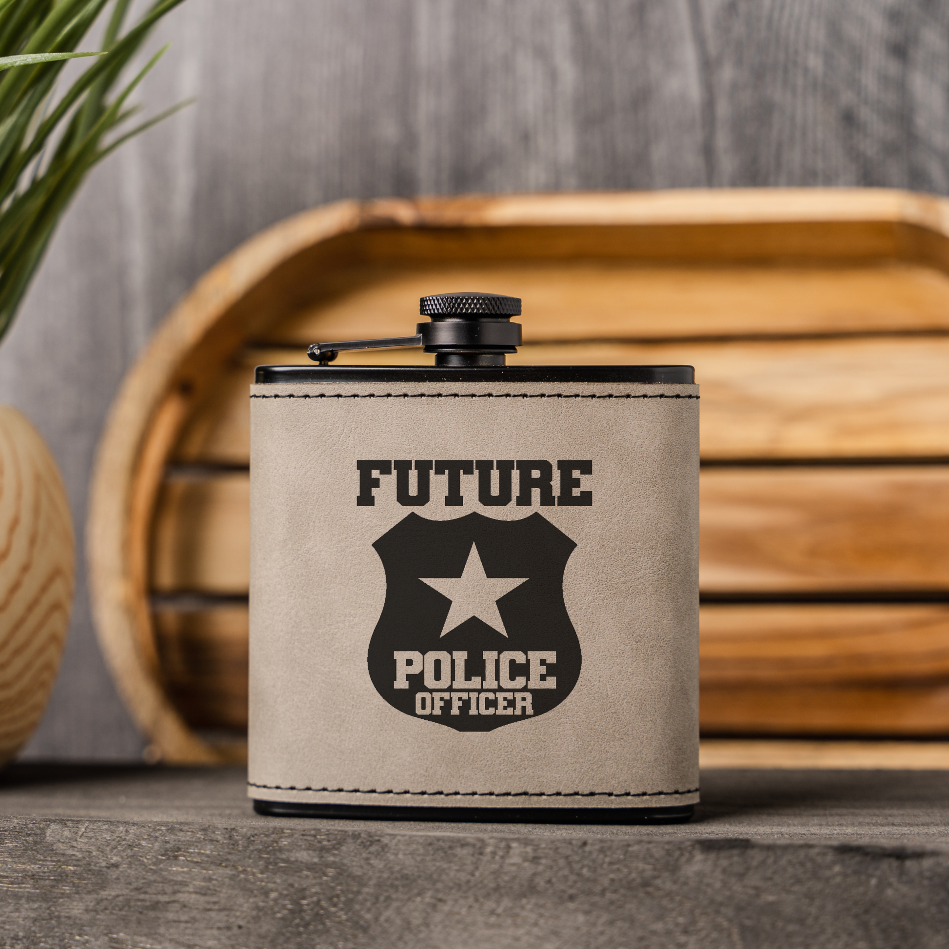 Future Police Officer Black Leather Wrapped Flask