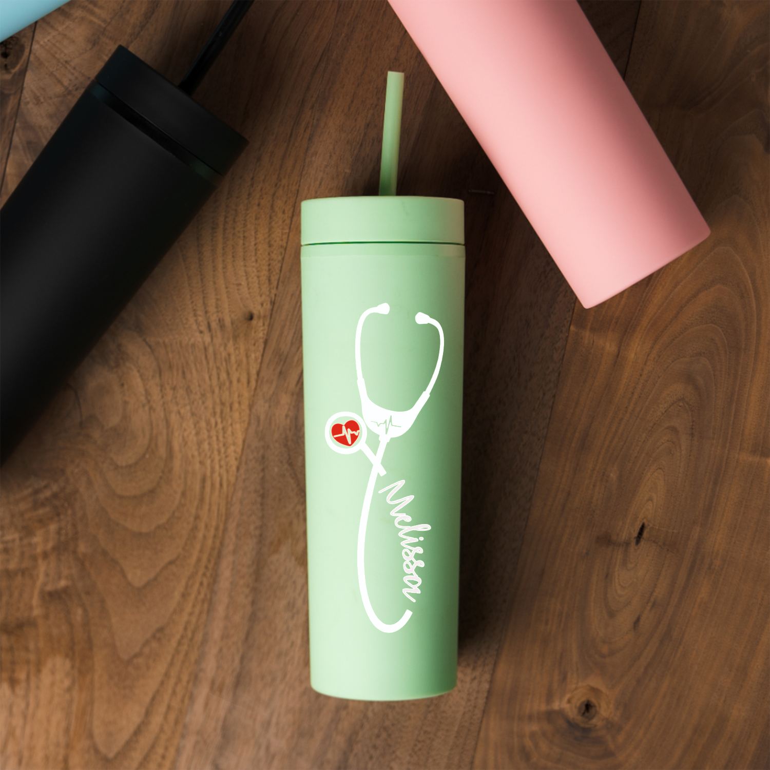 Personalized 16oz Acrylic Tumbler - Heartbeat Stethoscope Design