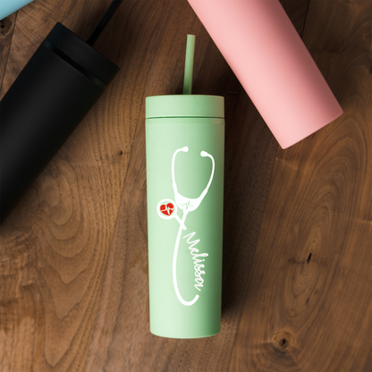 Personalized 16oz Acrylic Tumbler - Heartbeat Stethoscope Design