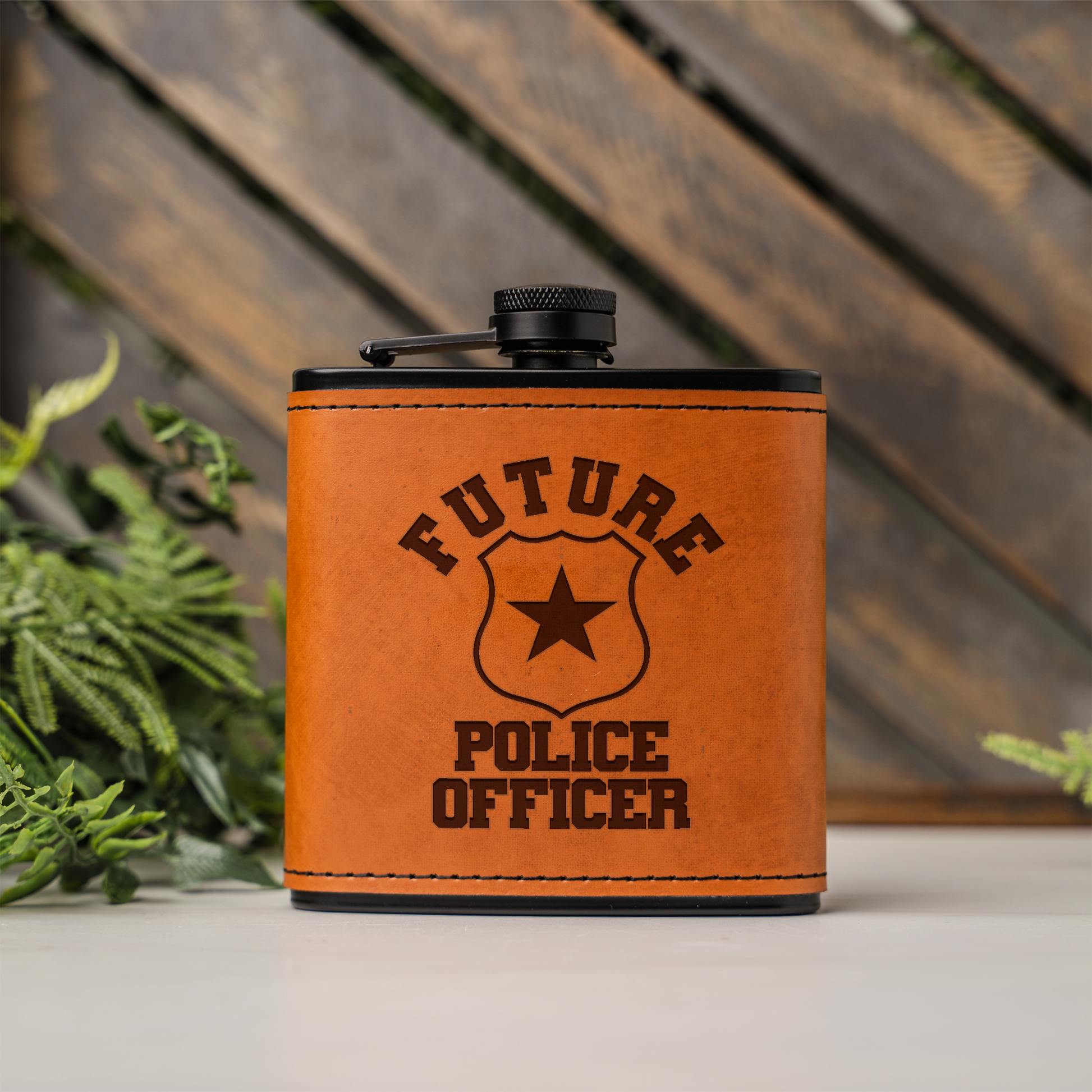 Future Police Officer Black Leather Wrapped Flask