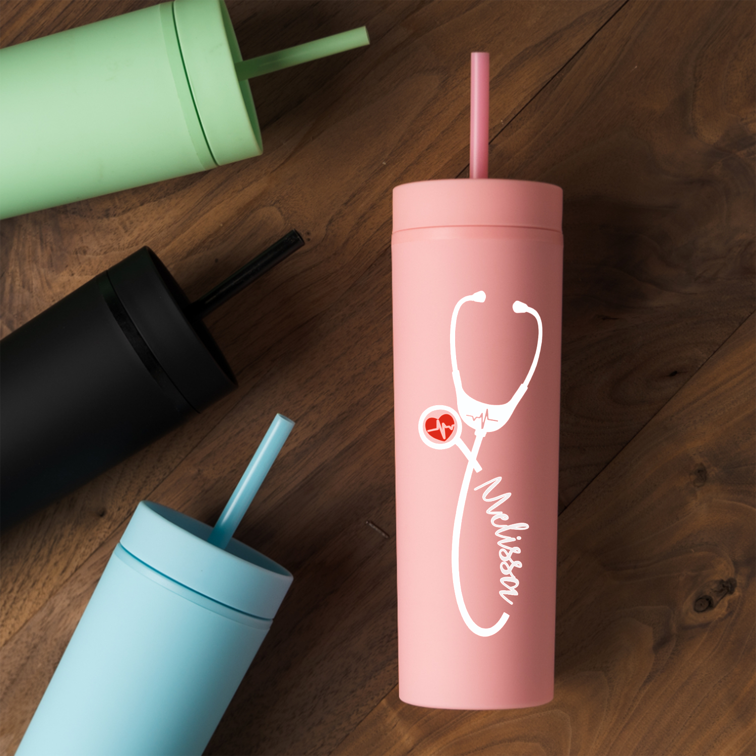 Personalized 16oz Acrylic Tumbler - Heartbeat Stethoscope Design