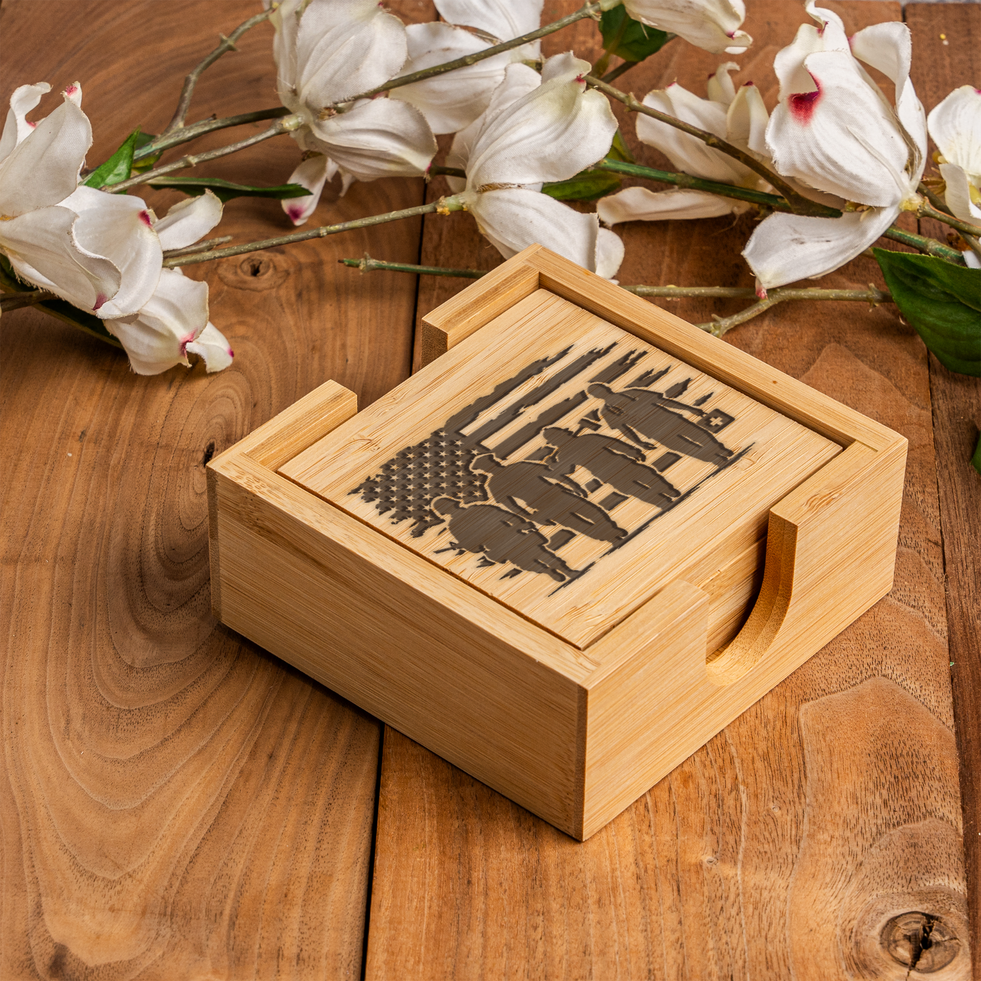 First Responder Bamboo Coaster Set | EMS Firefighter Police Gift | Engraved Bamboo Coasters | Emergency Services Home Decor