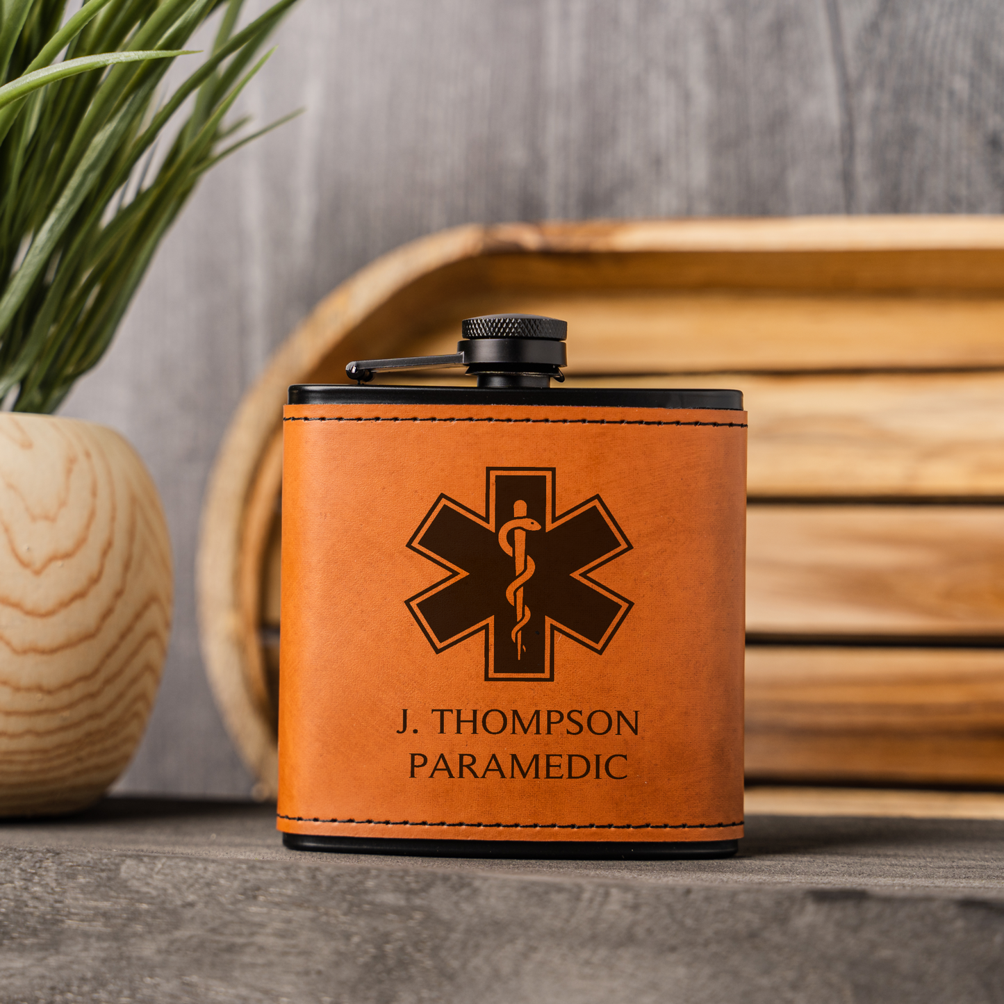 Black Leather Wrapped Flask with Paramedic Design