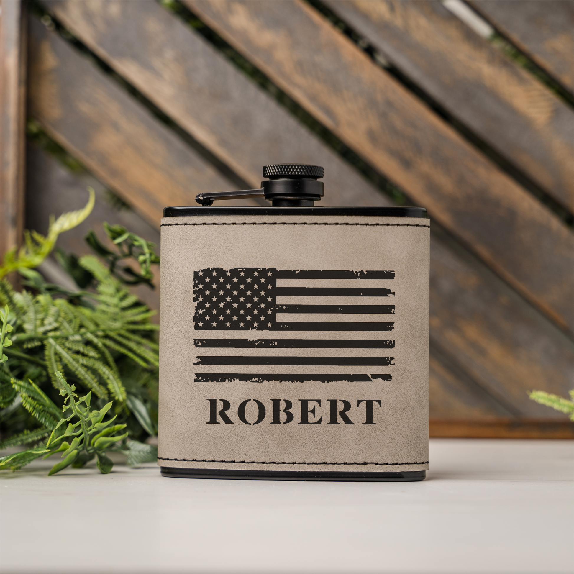 Personalized Black Leather Wrapped Flask with American Flag Design